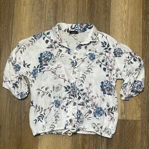 CHERISHH Women's 100% Linen Floral Blouse Button Down Roll Tab Sleeve S/M Italy
